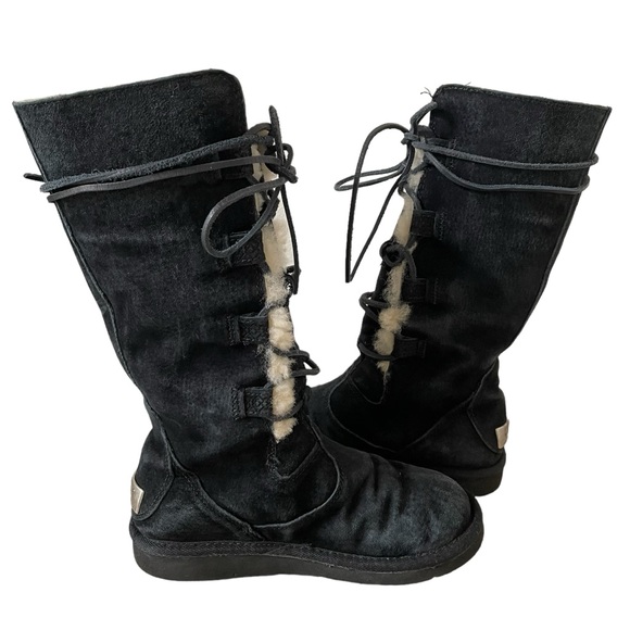 UGG Whitley Black Suede Lace Up Boot Size 5 Style 1522 Fur Winter Leather Cozy - Picture 3 of 9